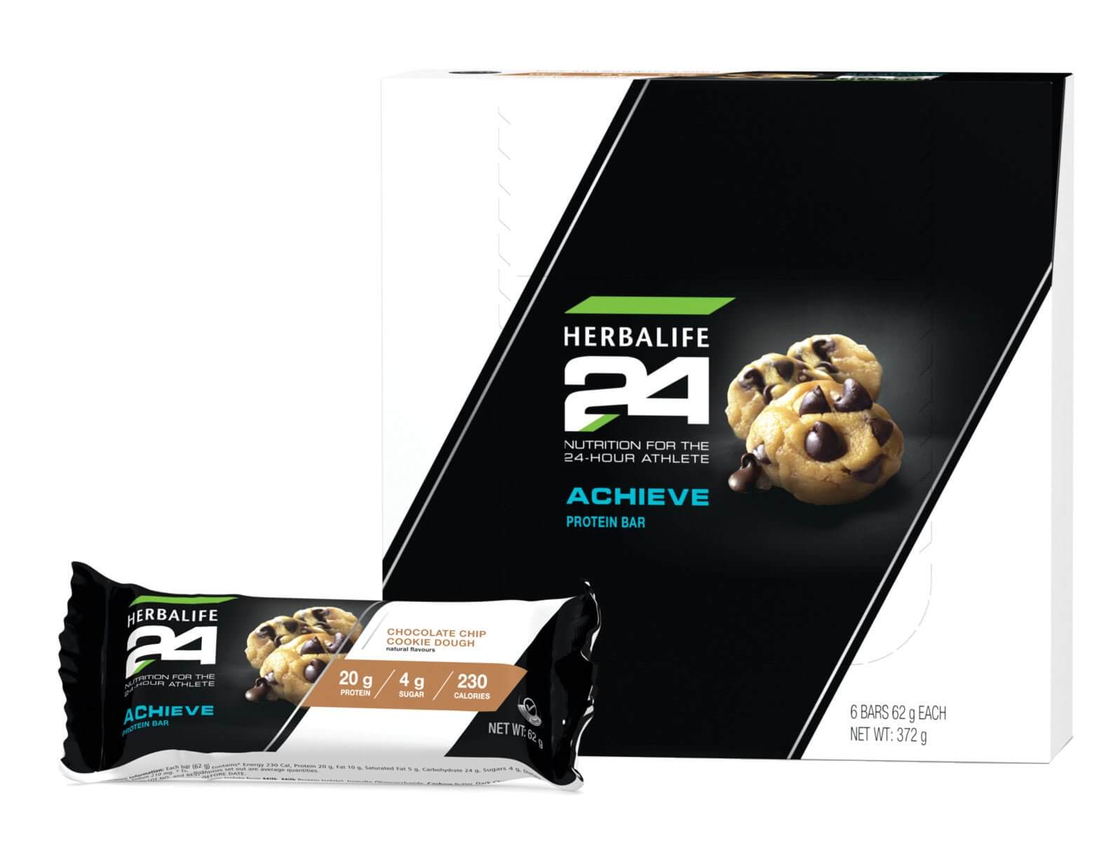 Achieve Protein Bar - Chocolate Chip Cookie Dough, delicious chocolate chip protein bars for energy and recovery, 6 packs.